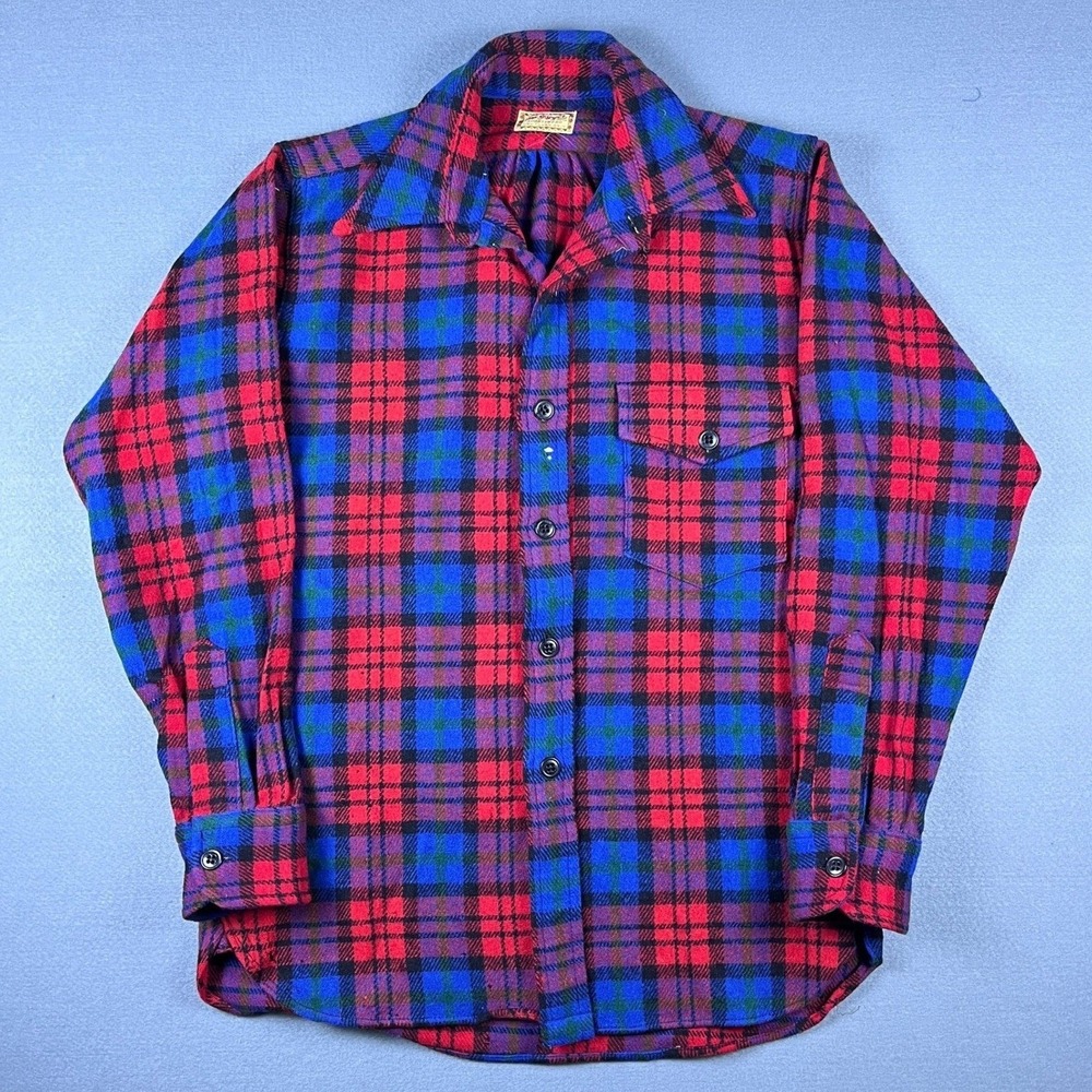Vintage 50s 60s McGregor Sportswear Plaid Wool Flannel Shirt Red Blue Button Up